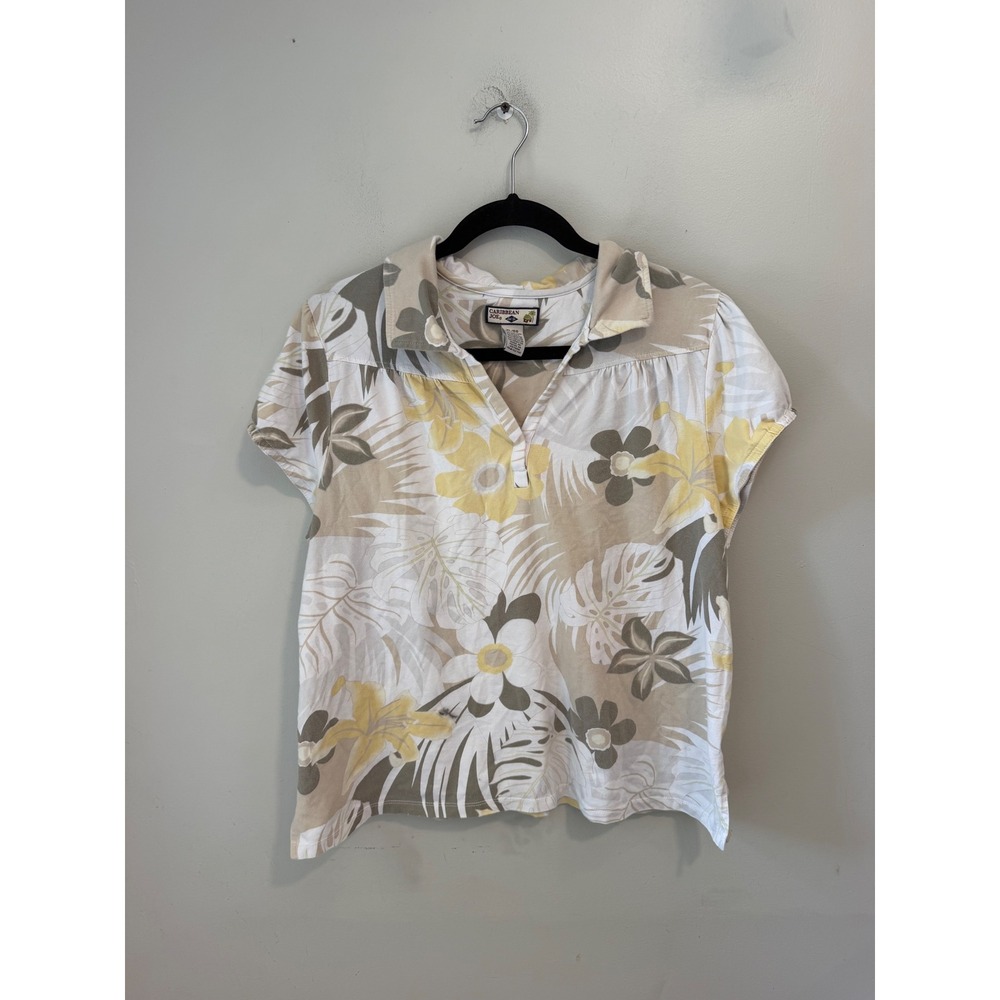 Caribbean Joe Womens XL Tropical Floral Palm Leaf Polo Shirt Yellow Tan Cotton